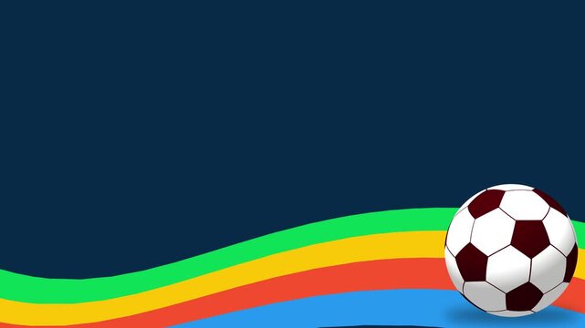 Soccer ball bouncing and spinning onto colorful abstract wave background, Football animation on dark blue background with copy space, suiatble for matches, leagues, editing, ads, etc