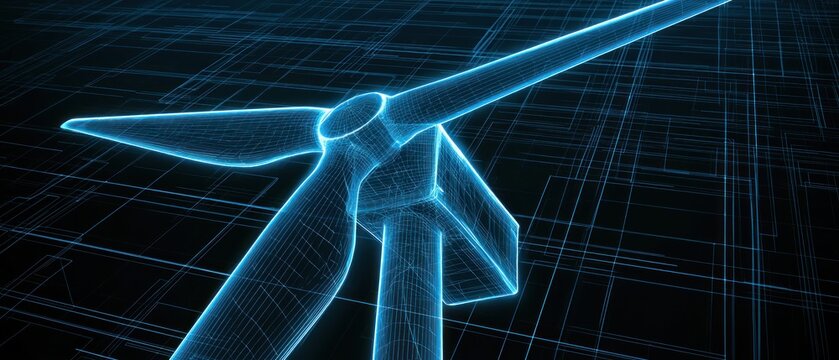 3 d wireframe of a wind turbine blue neon glow