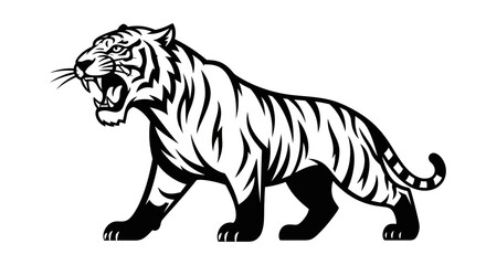 Obraz premium Fierce Roaring Tiger Illustration - Majestic Wild Cat in Black and White, Powerful Predator Graphic Design Element