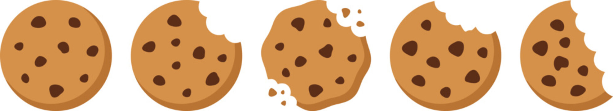 Set of chocolate chip cookies with various bite marks and crumbs as minimalist icons for bakery design projects