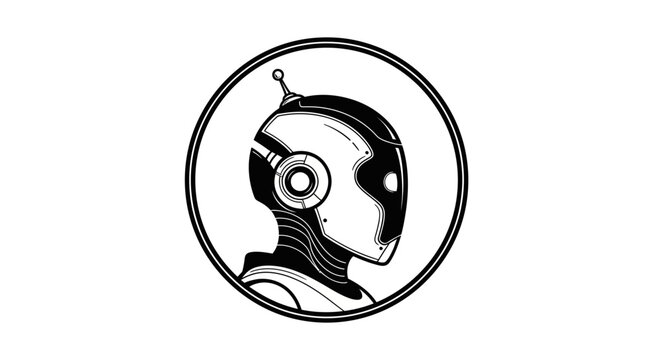 Futuristic robot head illustration in profile, minimalist black and white line art depicting artificial intelligence and technology.