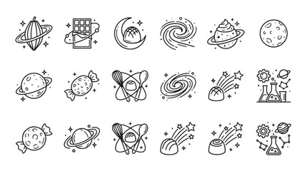 Fototapeta premium Cosmic Chocolate Alchemy Elements Icons Sets Packs, Editable Vectors Strokes Illustrations. containing chocolate, cocoa, planet, galaxy, candy, science, icon, line, art and mores Elements Icons.