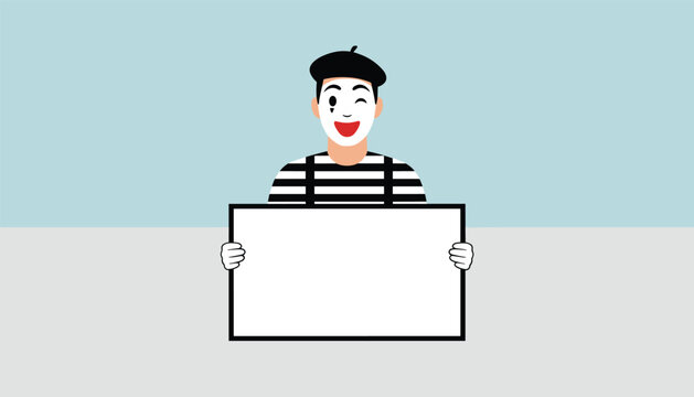 Cheerful French mime cartoon character holding a large blank white sign board for custom text or advertisement.