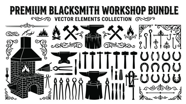 Blacksmith workshop tools and equipment set.