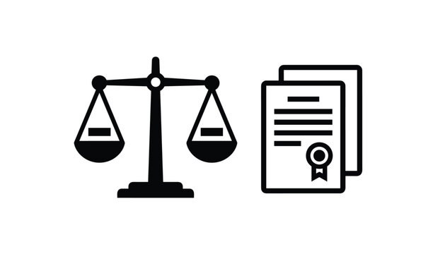 Classic justice scale and certified legal document with a seal represented as flat black icons on a white background.