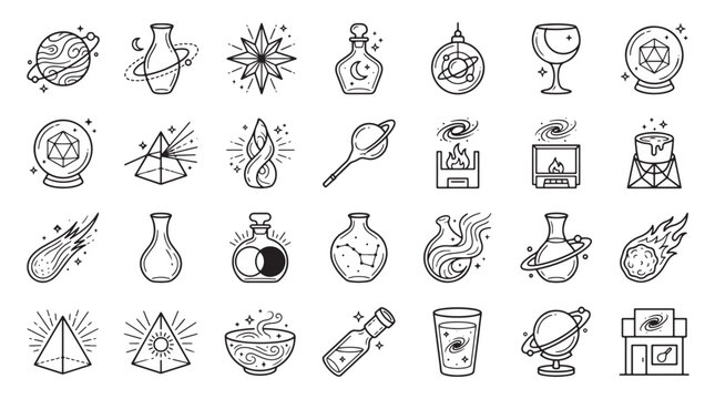 Celestial Glassblowing Elements Icons Sets Packs, Editable Vectors Strokes Illustrations. containing alchemy, astrology, astronomy, celestial, cosmos, crystal, divination and mores Elements Icons.