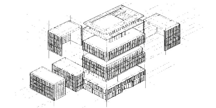 Exploded axonometric drawing of a building complex, showcasing its modular design and structural components in a clear, illustrative perspective.