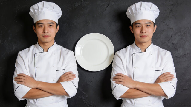 Two chefs in uniform stand with arms crossed next to a white plate