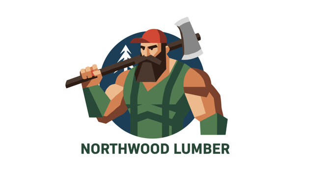 Lumberjack mascot with beard holding an axe over his shoulder for a forestry company logo called Northwood Lumber.
