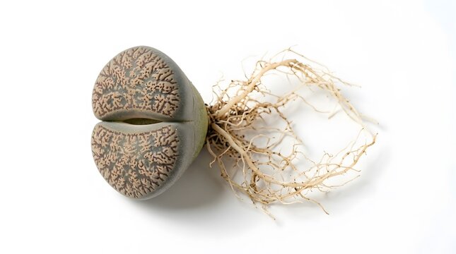 "Split Lithops Plant with Textured Gray-Brown Leaves and Exposed Roots on white background"

