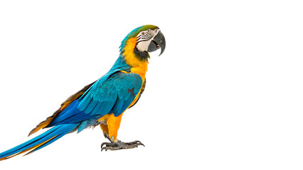 Beautiful bright blue and yellow macaw parrot bird standing in profile isolated on transparent background cut out © novomir-png