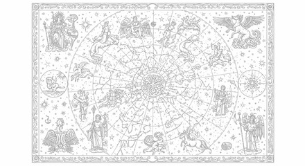 Fototapeta premium Vintage celestial map depicting constellations and zodiac symbols