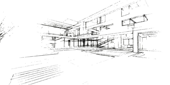 A dynamic architectural sketch showcases the modern lines and structural elements of a building, presented with a minimalist aesthetic.