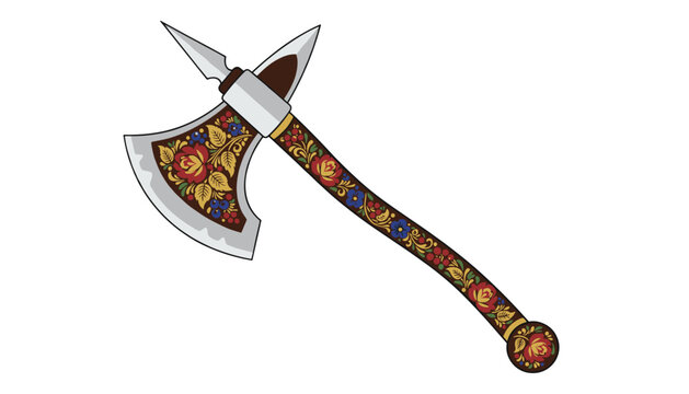 Traditional Russian battle axe beautifully decorated with ornate floral Khokhloma painting style on a white background.