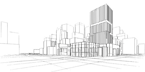 Obraz premium Modern city skyline architectural drawing, clean lines, graphic illustration, urban planning concept, contemporary building design.