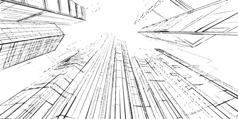 A striking architectural sketch depicts the soaring perspectives of modern skyscrapers, emphasizing their vertical lines and minimalist aesthetic. © GREENPIXEL Art