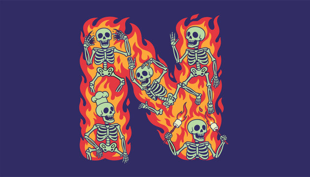 Pixel art letter N constructed from dancing skeletons and flaming orange fire against a dark purple background.