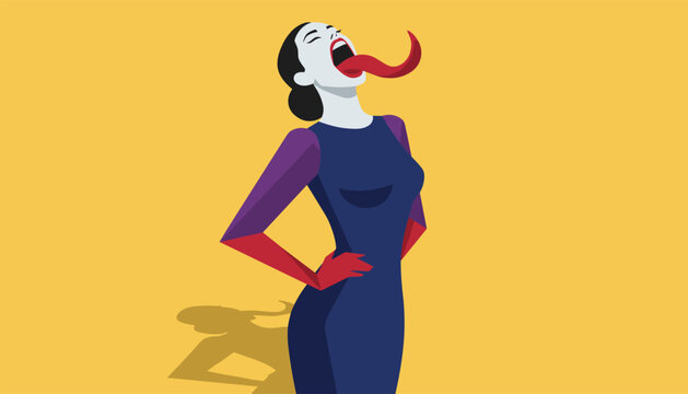 Dramatic conceptual illustration of a woman in a blue dress with a long red tongue stretching out on yellow background.