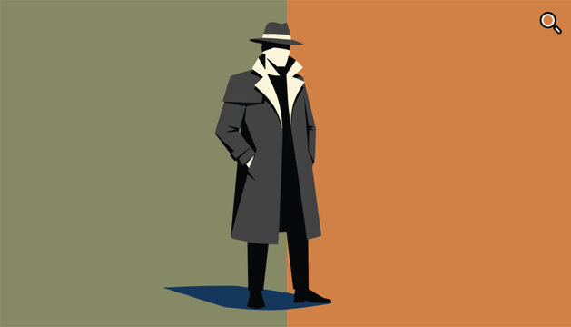 Mysterious man wearing a trench coat and a fedora hat standing in a secret agent style split color background.