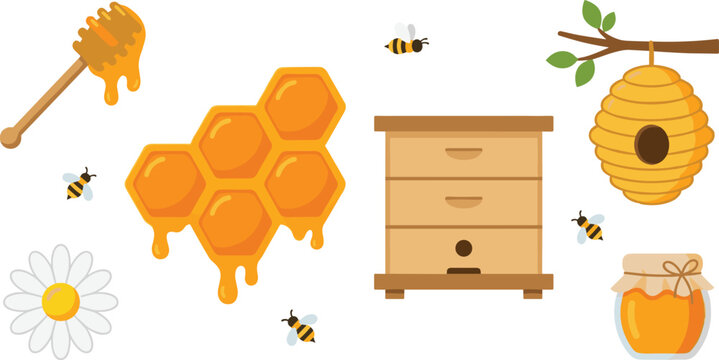 Beekeeping and honey production vector icon set featuring dripping honeycombs wooden hive box hanging beehive glass jar dipper daisy flower and small flying bees.