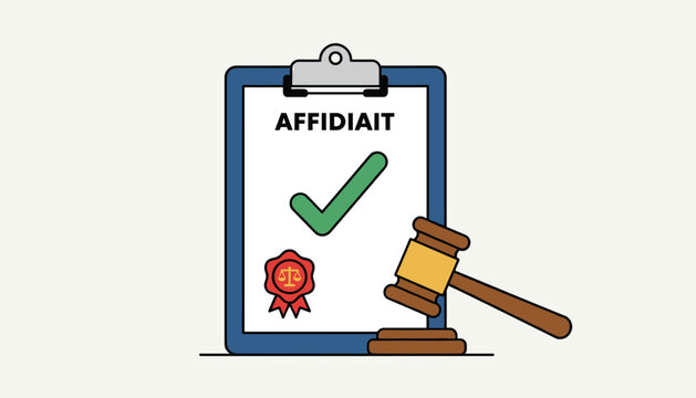 Legal concept illustration showing an approved affidavit on a clipboard with a judge gavel and red wax seal stamp.