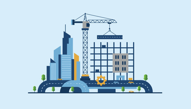 Flat design illustration of a busy city construction site with a high tower crane, buildings under development, and roads.