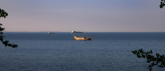 Long panorama from the forested hill on the Gdańsk Bay with ships © Matt A. Hawk