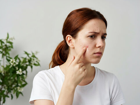 Young woman with red hair touching acne pimple on her cheek face skin