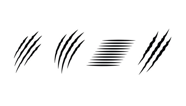 Set of four different black claw scratch marks indicating animal attack or monster swipes on a white background.