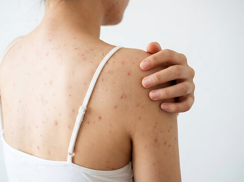 Person's back and shoulder with red acne blemishes and white strap skin