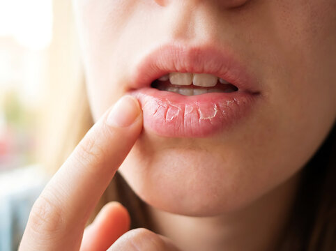 Woman touching cracked dry lips with finger close up chapped skin