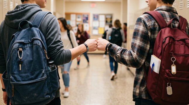 Students fist bumping, celebrating back to school during the pandemic