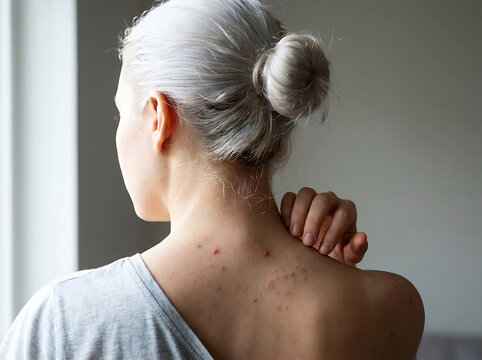 Woman with acne on back and neck scratching shoulder pimples