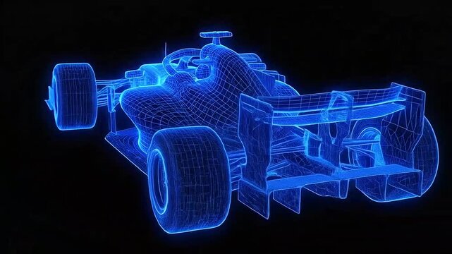 A glowing blue wireframe model of a high speed racing car