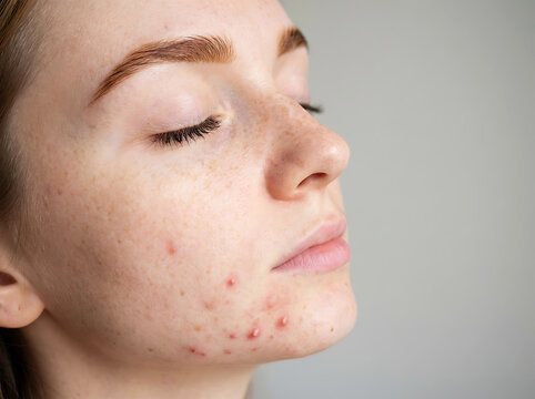 Woman's face side profile with acne and freckles neutral background image