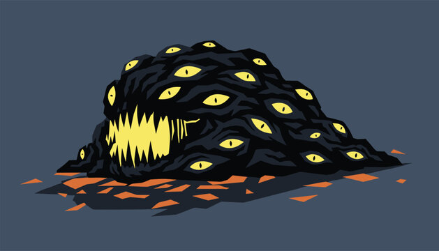 Menacing dark alien slime monster covered in numerous glowing yellow eyes and displaying a mouthful of sharp teeth.