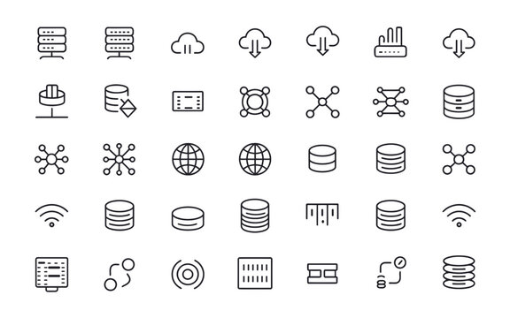 Cloud Computing, Network and Database Line Icons Set Vector Collection