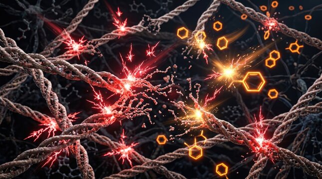 Collagen triple helix fibers suffering oxidative stress, unstable free radicals colliding, orange hexagon vitamin c antioxidants neutralizing molecular damage, microscopic skin cell structure.
