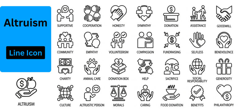 Line art vector of Altruism icon set. Altruism outline icon set. containing charity, help, empathy, goodwill, caring, generosity, kindness, benevolence, compassion, volunteer support, social care. 