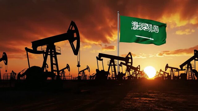 Saudi arabia oil industry: pumpjacks operating at sunset with waving national flag petroleum energy