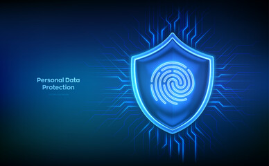 Fototapeta premium Personal data security. Cyber security. Biometrics identification. Fingerprint icon behind Security glass shield on blue digital circuit network background. Identity protection. Vector illustration.
