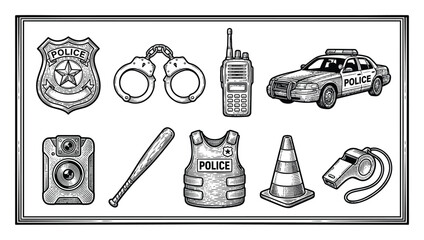 Set of hand-drawn police equipment including badge, handcuffs, patrol car, vest, and other law enforcement tools © ThephotoLab