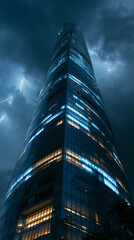 Fototapeta premium Skyscraper in Stormy Night: A modern skyscraper with illuminated windows stands tall against a dramatic, stormy night sky, casting an imposing silhouette.