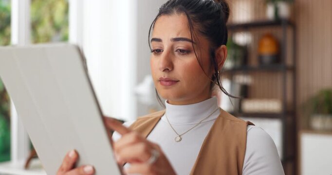 Remote work, woman and scroll on tablet in home for venue booking, caterer email or task tracking. Freelancer, event planner or tech in house for master timeline, spatial planning or rsvp list update