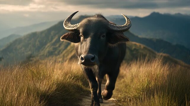 Low angle close shot of a water buffalo walking through a quiet mountain path with tall grass and distant slopes soft sunlight strong form clarity and natural calm setting