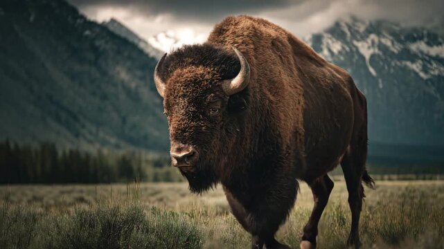 Low angle close shot of a wild bison walking across lush green meadows framed by distant mountains strong natural light defined textures sharp focus and cinematic wilderness mood