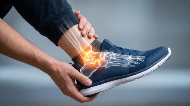 Person experiencing ankle pain with a visible x ray overlay highlighting the bones and joint inflammation within their blue running shoe foot pain injury skeleton xray medical health