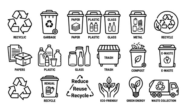 Creative recycling waste outline vector icon set with trash sorting and sustainability symbols