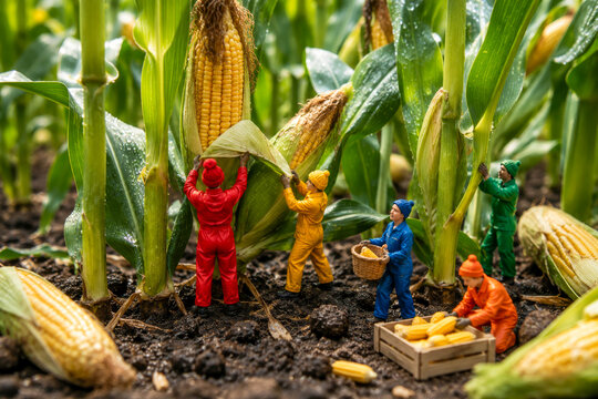  Peque&ntilde;os agricultores trabajan entre altas plantas de ma&iacute;z durante la recolecci&oacute;n de la cosecha.