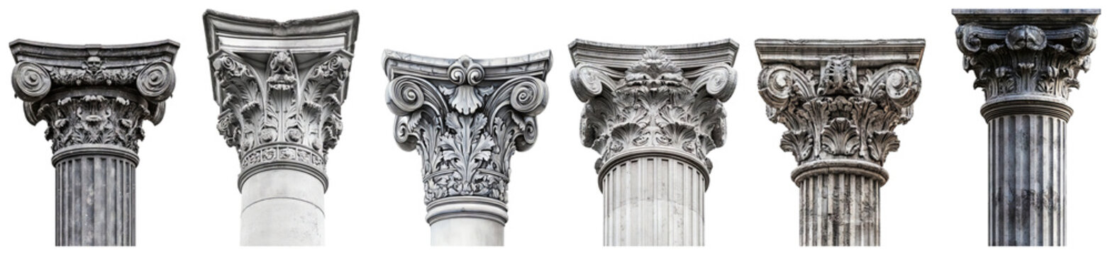 Ancient Architectural Pillars with Intricate Designs and Details Isolated Transparent Background